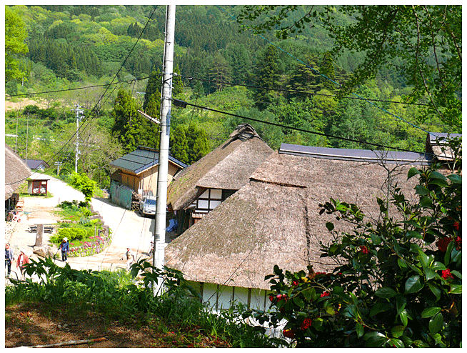 山の中腹から見る大内宿の道と屋根