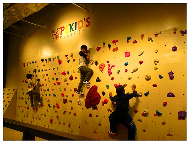 アクション館で子供らが手足で登っている姿・・・此の奥にも沢山のコースが見える